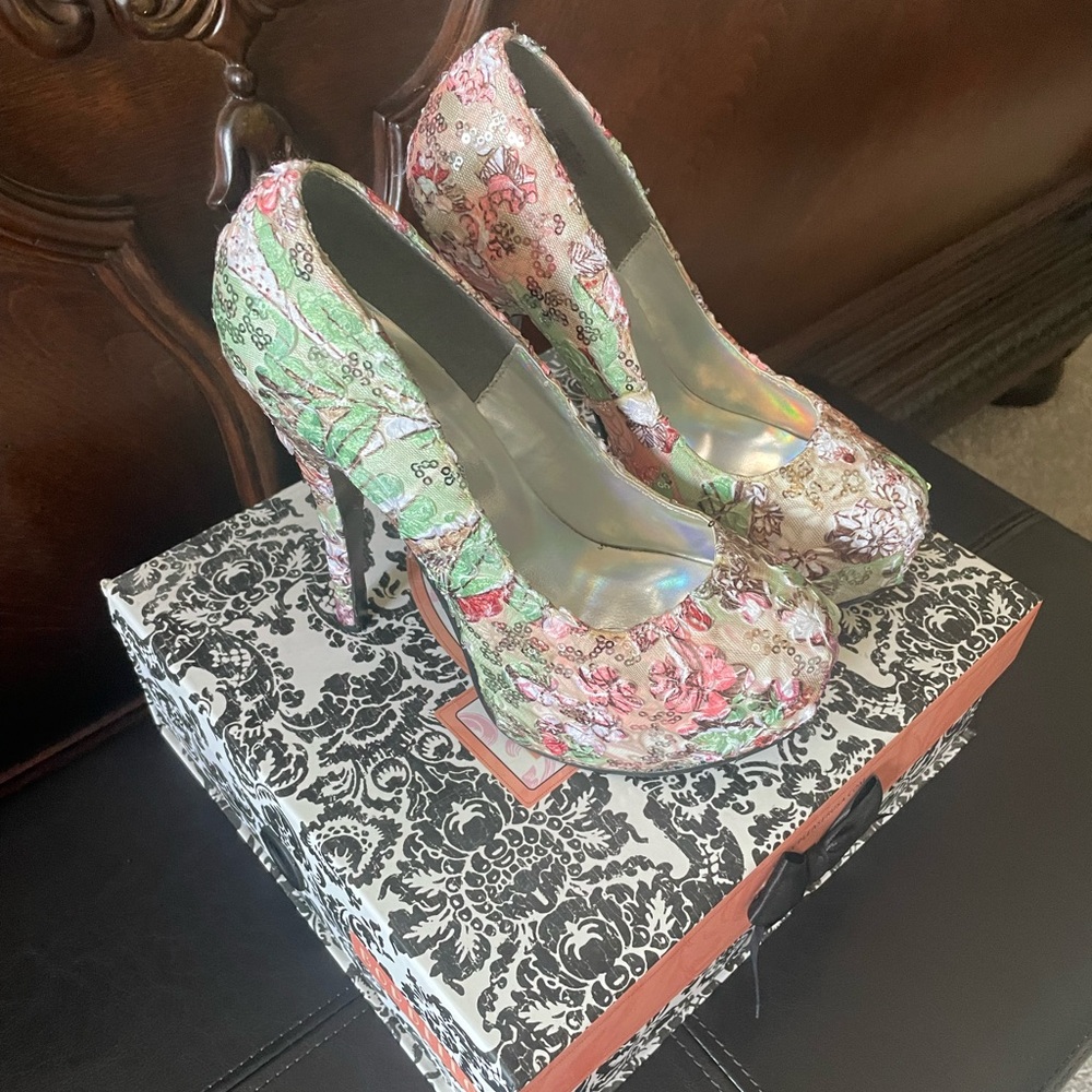 Bordello multi Floral Pink and Green Heels with Stiletto Design